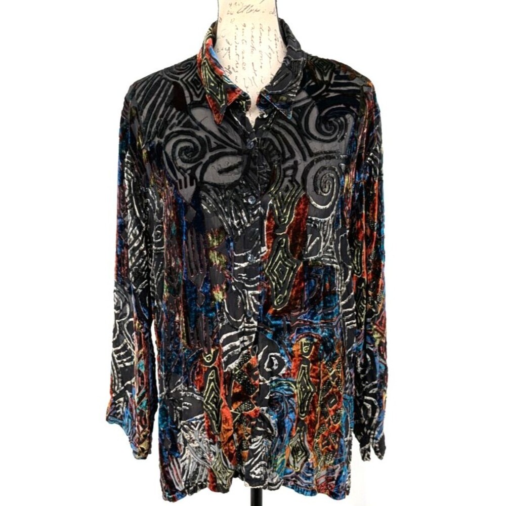 CHICOS Rayon Silk Blouse SiZE 3 Velvet Burn Out Abstract Jewel Tones Button Up